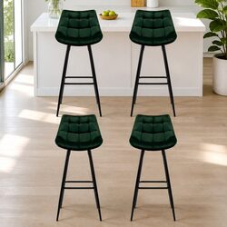 Set of 4 Modern Green Velvet Bar Stools with Backrests