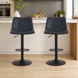 Black Vintage Leather Bar Stools Swivel Gas Lift 2 Pack