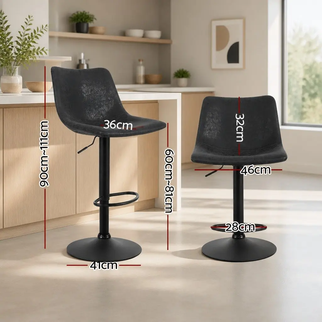 Vintage Leather Bar Stools Adjustable Height Swivel 360 Degree Black Padded Seat 2 Piece