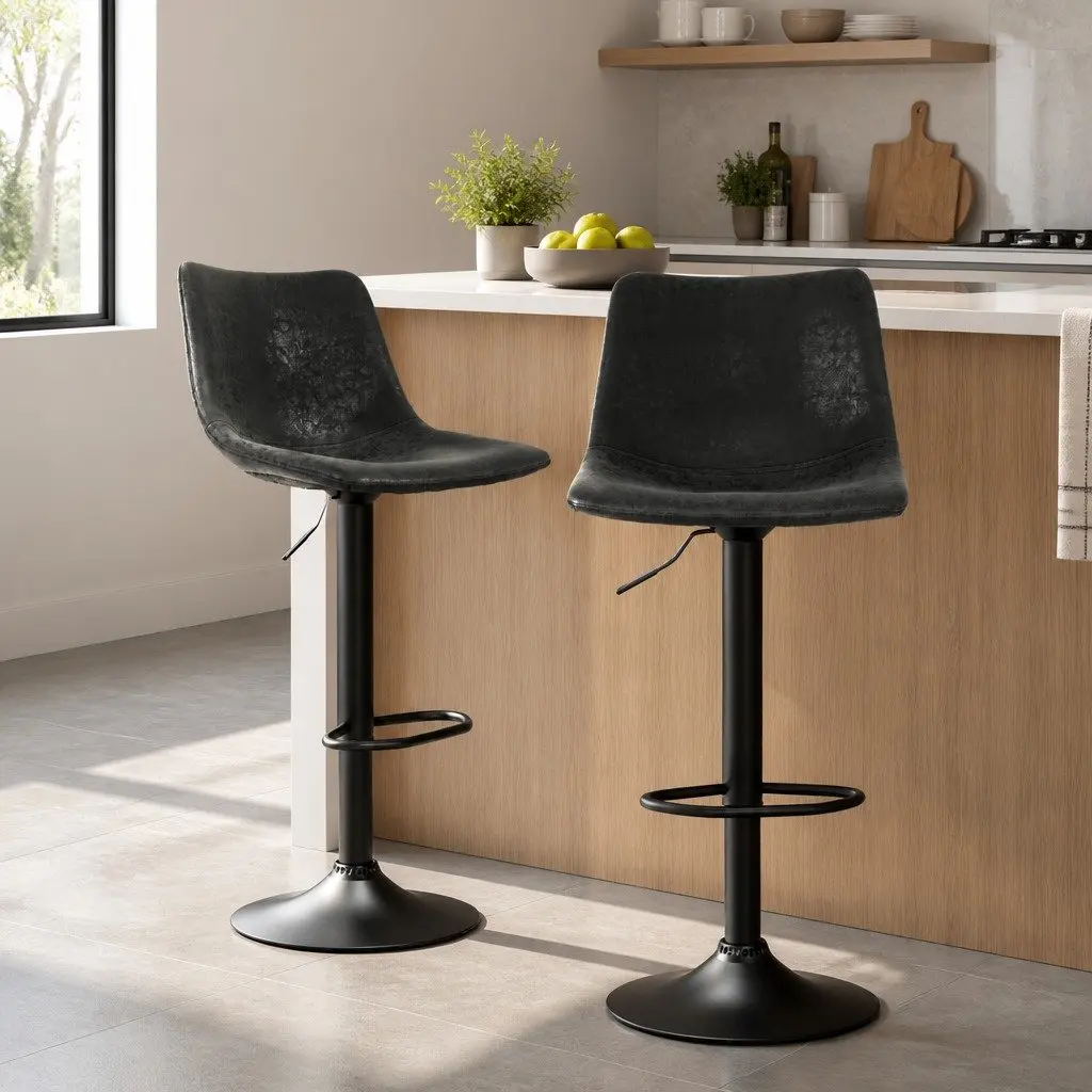 Vintage Leather Bar Stools Adjustable Height Swivel 360 Degree Black Padded Seat 2 Piece