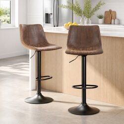 Set of 2 Adjustable Brown Faux Leather Bar Stools