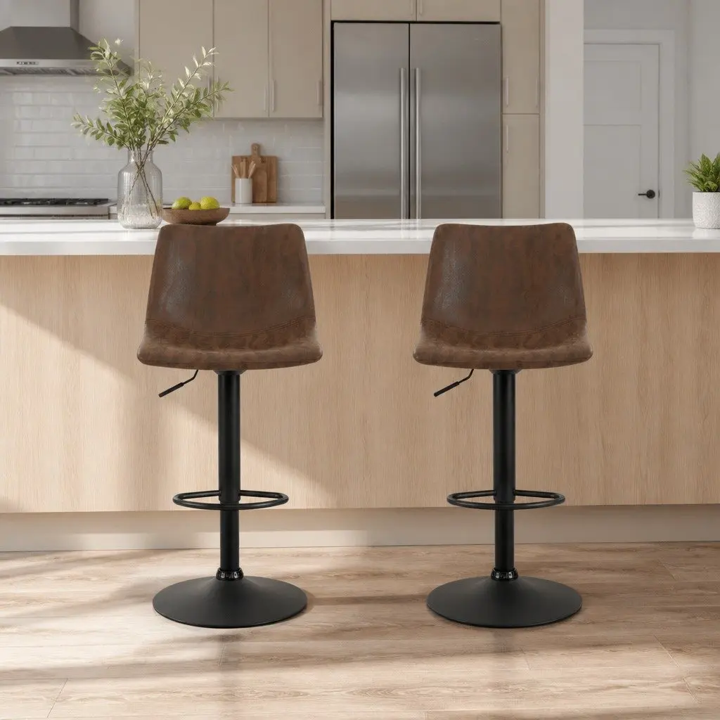 Bar Stools Vintage Swivel Gas Lift High Back Brown Faux Leather Padded Seat