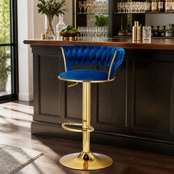 Adjustable Navy Blue Bar Stools with Swivel and Woven Backrest
