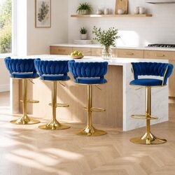 Height Adjustable Bar Stools Set of 4 in Navy Blue Velvet