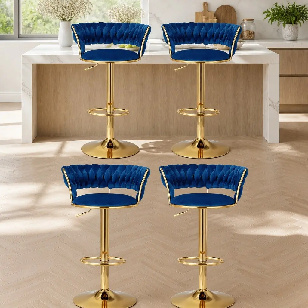 Bar Stools Height Adjustable Velvet Woven Backrest Navy Blue Set of 4