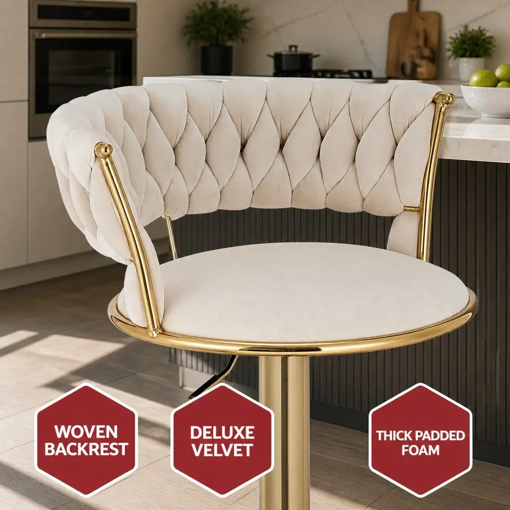 Bar Stools Height Adjustable Velvet Beige Swivel Seat with Hand-Woven Backrest