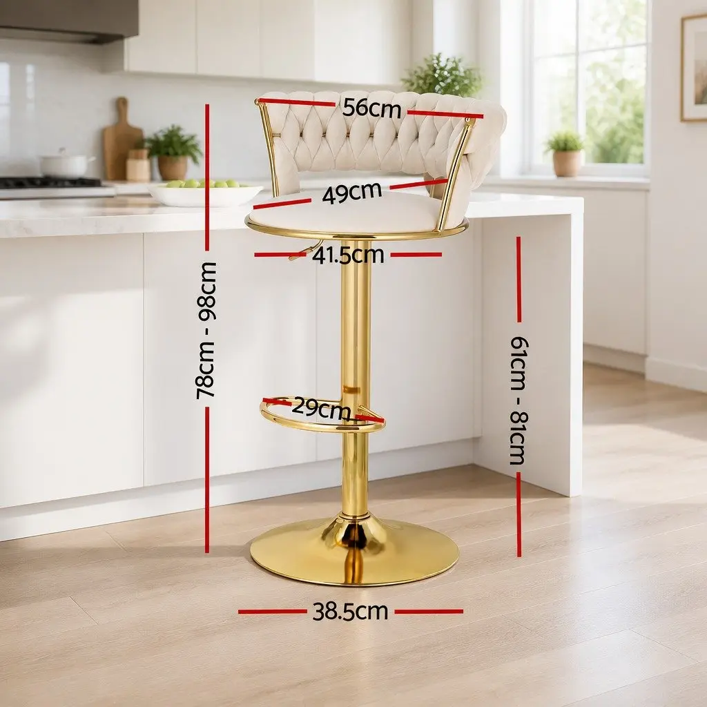 Bar Stools Adjustable Gas Lift Velvet Woven Backrest Kitchen Counter Chairs Ivory