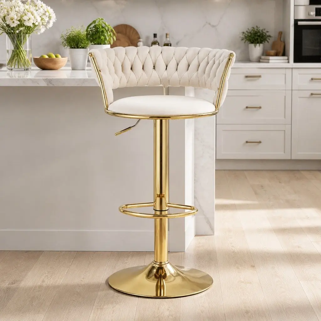 Bar Stools Adjustable Gas Lift Velvet Woven Backrest Kitchen Counter Chairs Ivory