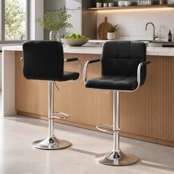 Sleek Black Leather Bar Stools with Armrest – 2 Pack