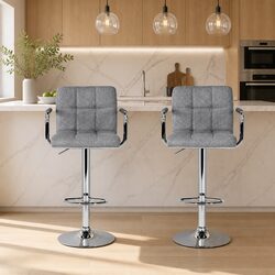 Grey Bar Stools Set of 2 with Adjustable Height and Armrests