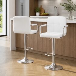2-Pack White Bar Stools with Adjustable Height and Armrests