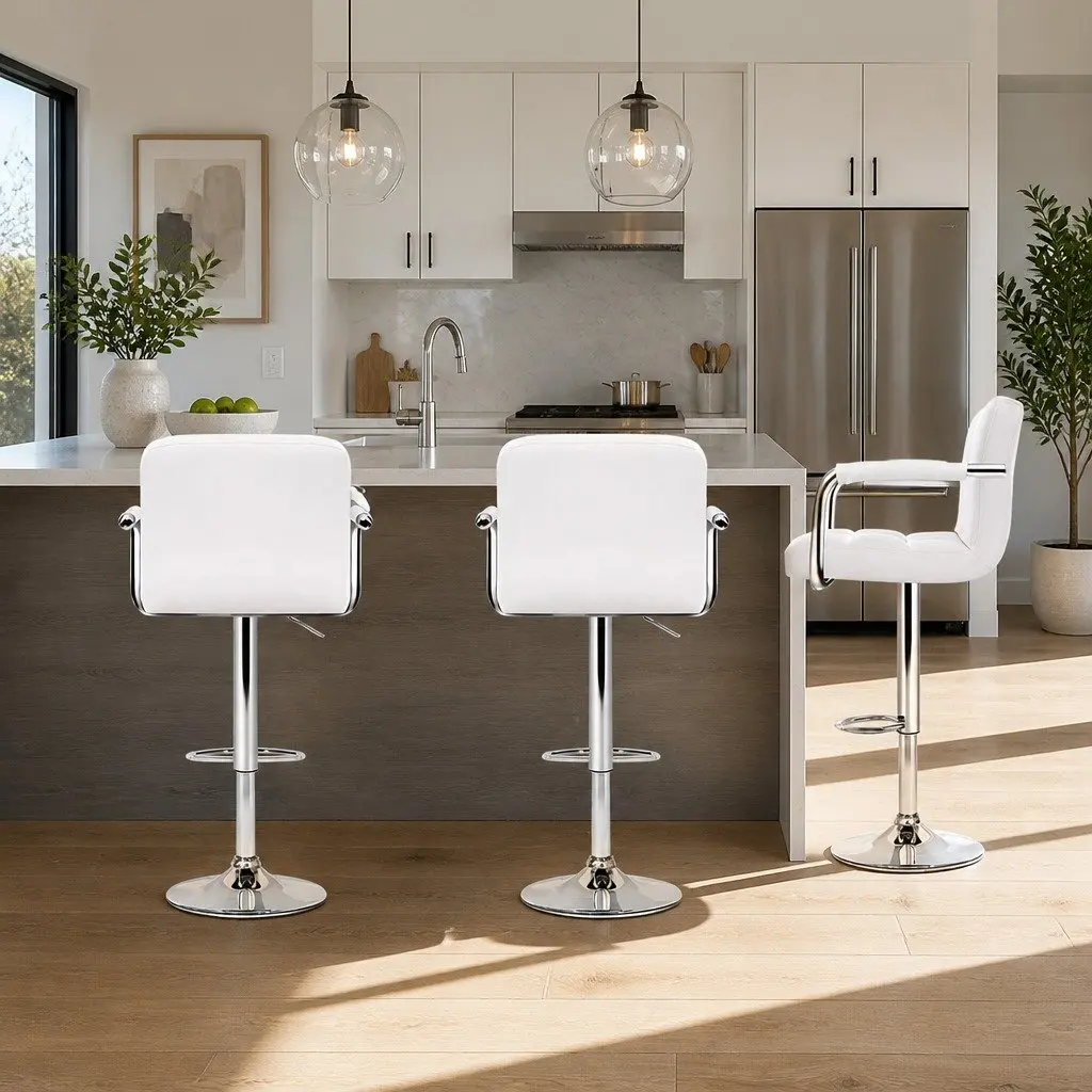 Bar Stools Set of 4 Gas Lift Swivel Armrest White Padded Seat Kitchen Dining