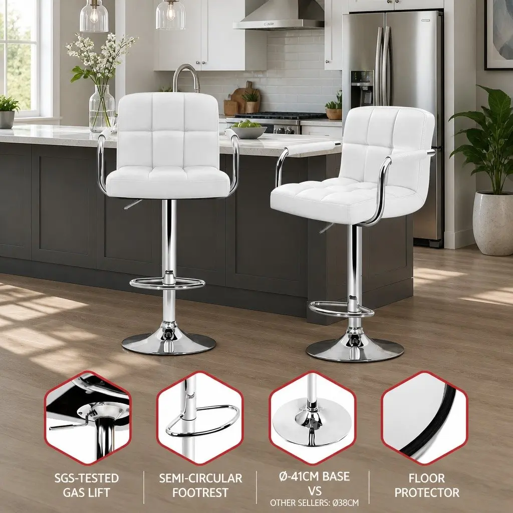 Bar Stools Set of 4 Gas Lift Swivel Armrest White Padded Seat Kitchen Dining