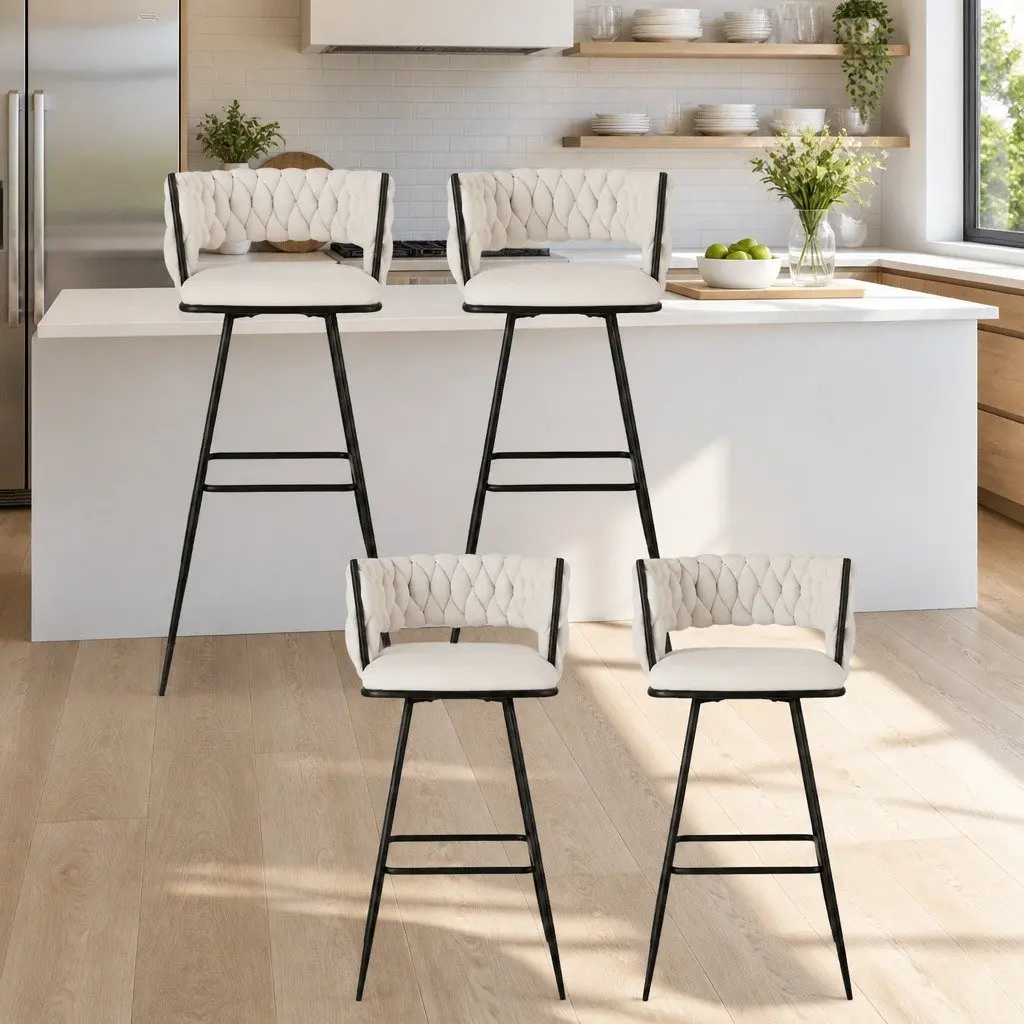 Bar Stools Cushioned Back Support 75cm Beige Velvet Set of 4