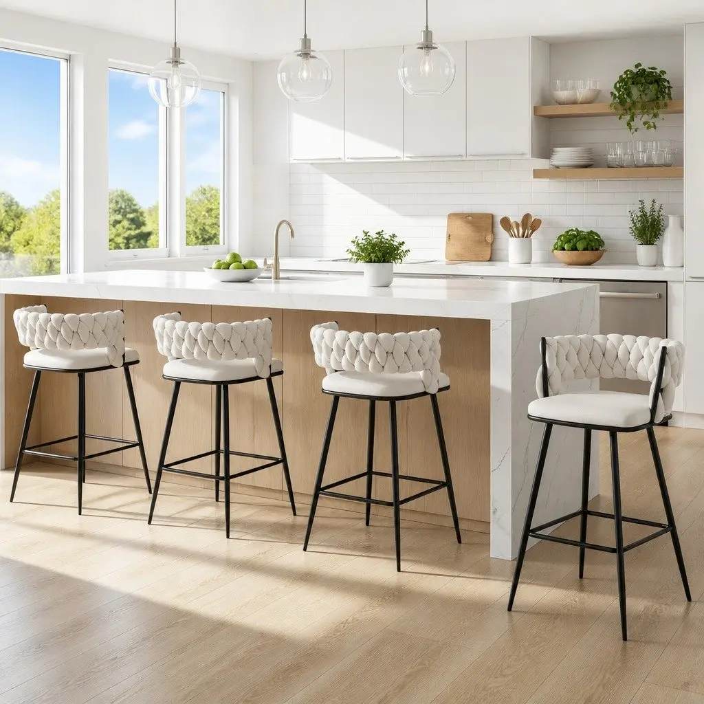 Bar Stools Cushioned Back Support 75cm Beige Velvet Set of 4