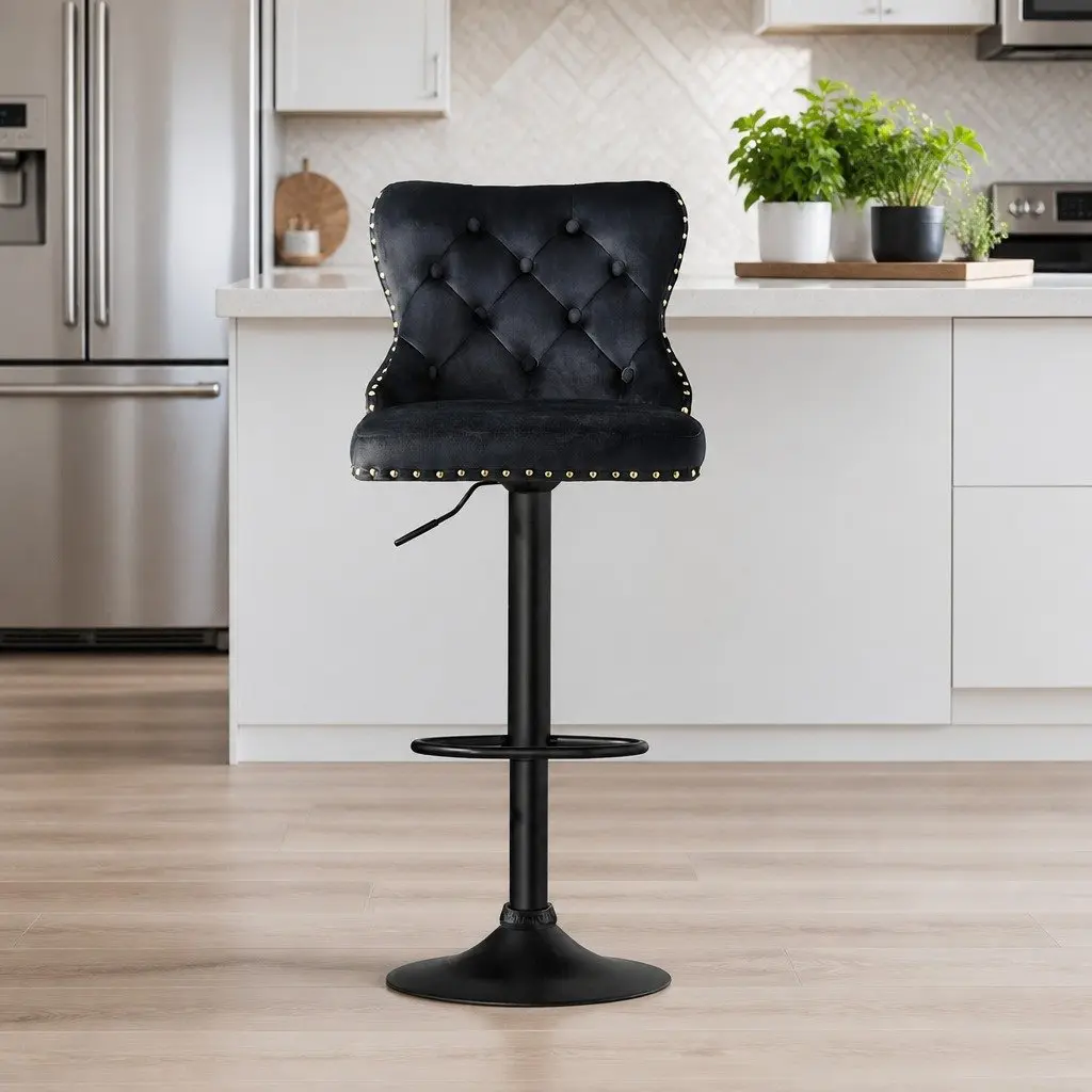 Bar Stools Adjustable Height Velvet Padded Seat Set of 4 Black