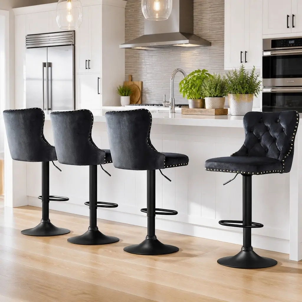 Bar Stools Adjustable Height Velvet Padded Seat Set of 4 Black
