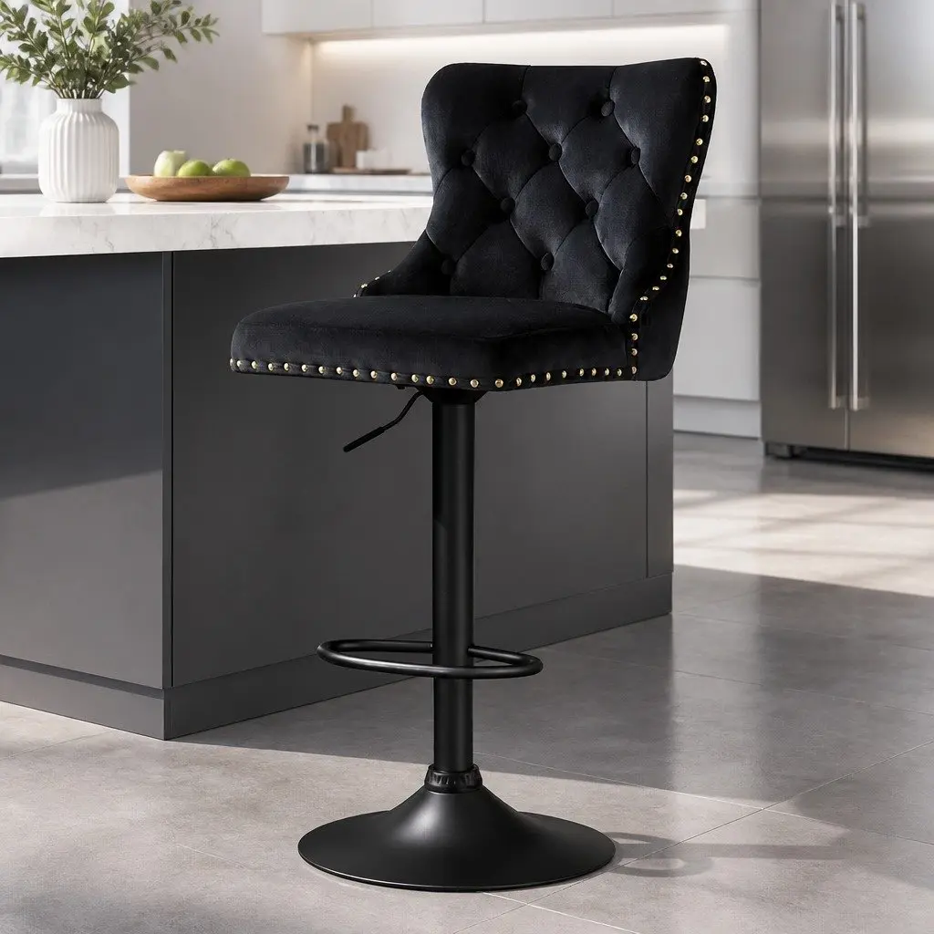 Adjustable Height Bar Stool Velvet Padded Seat Nailhead Trim Black 47cm Width 41cm Depth 95 to 117cm Height