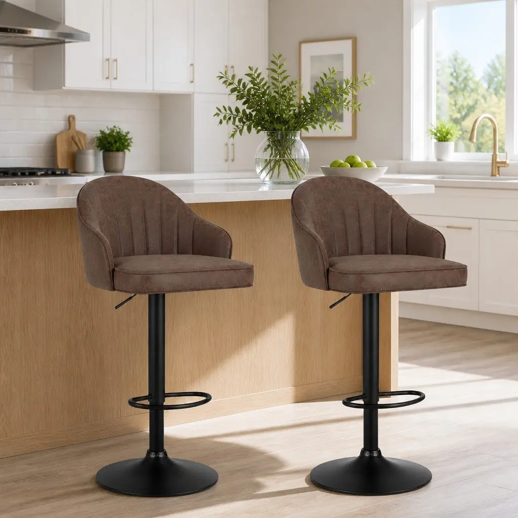 Bar Stools Adjustable Height Swivel Brown 2 Piece
