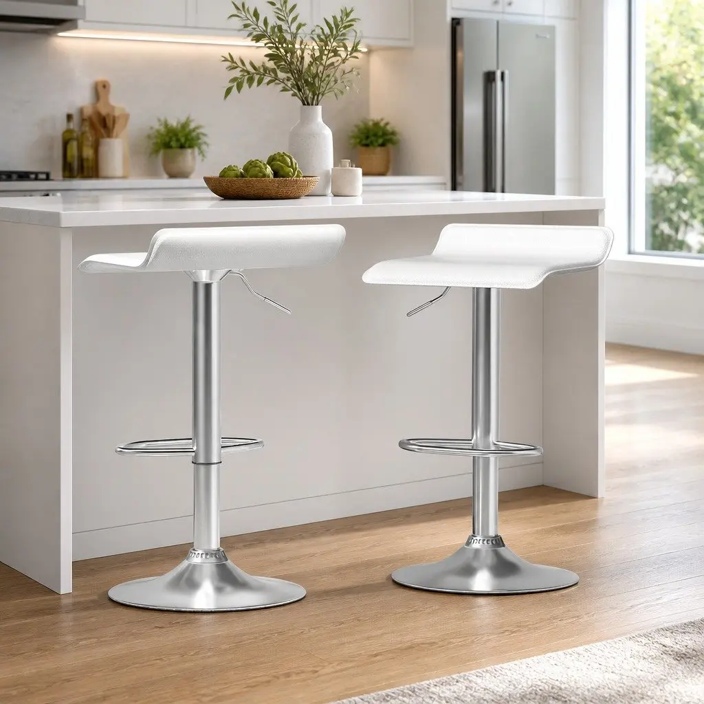 Bar Stools Adjustable Height Swivel Seat White PU Leather 2 Piece