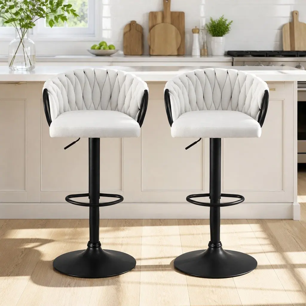 Bar Stools Adjustable Height Velvet Woven Beige Set of 2