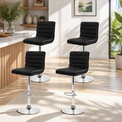 4 Black Bar Stools with Adjustable Gas Lift and Swivel Seat