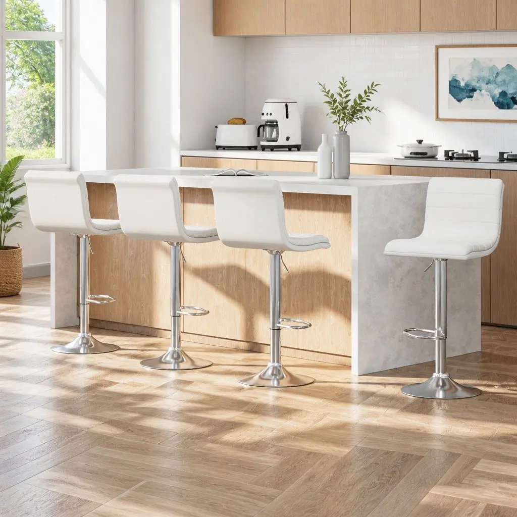 Bar Stools Padded Seat Adjustable Height Swivel 4 Piece White