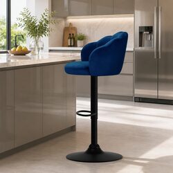 Adjustable Height Blue Velvet Bar Stools with Clam Shell Design
