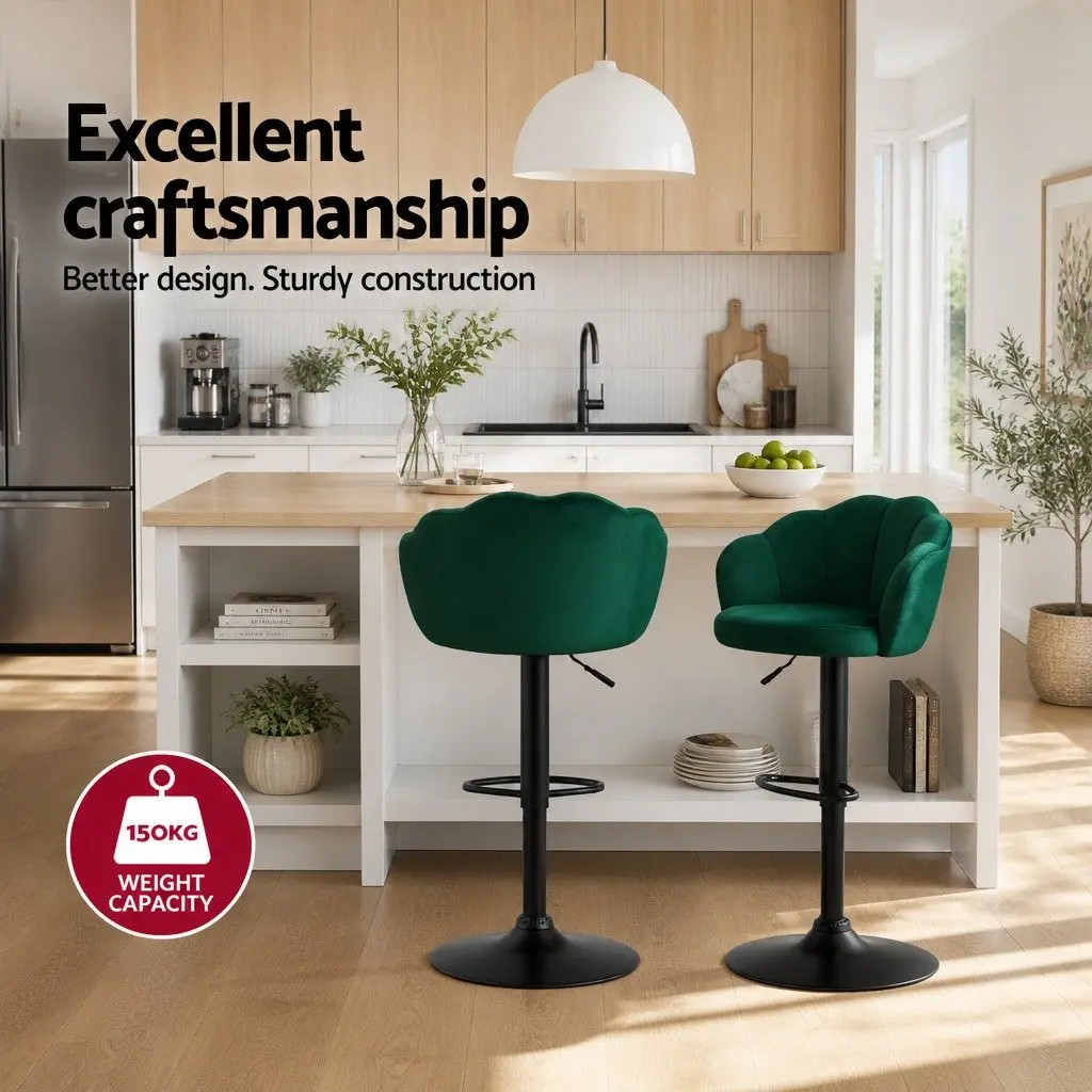 Bar Stools Adjustable Height Velvet Green Swivel Chair 2 Piece