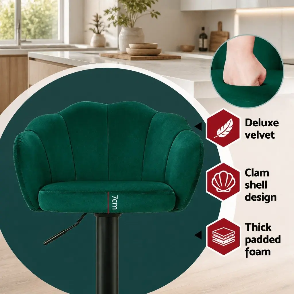 Bar Stools Adjustable Height Velvet Green Swivel Chair 2 Piece