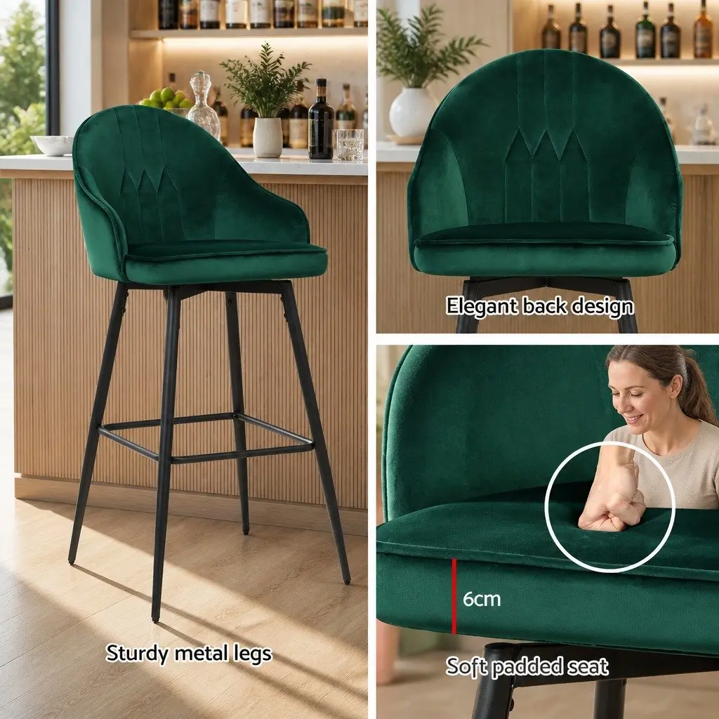 Bar Stools Swivel Velvet Padded Back 72cm Green Metal Legs
