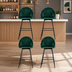 Set of 4 Green Velvet Bar Stools with Metal Legs