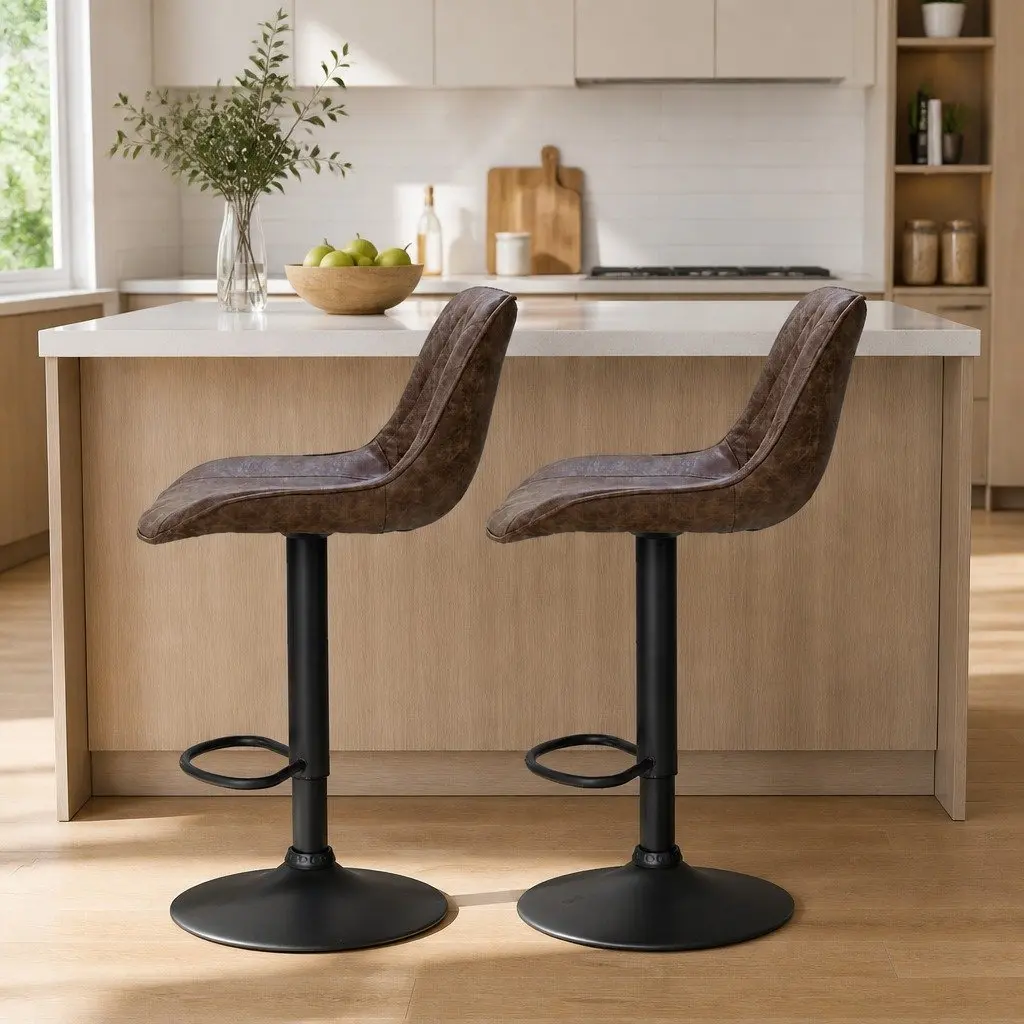 Bar Stools Adjustable Height Swivel Seat Vintage Brown 2 Piece