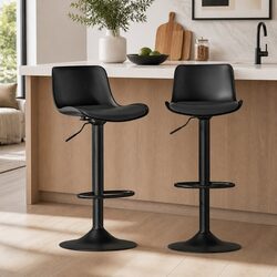 Set of 2 Adjustable Black Bar Stools with Padded Seats