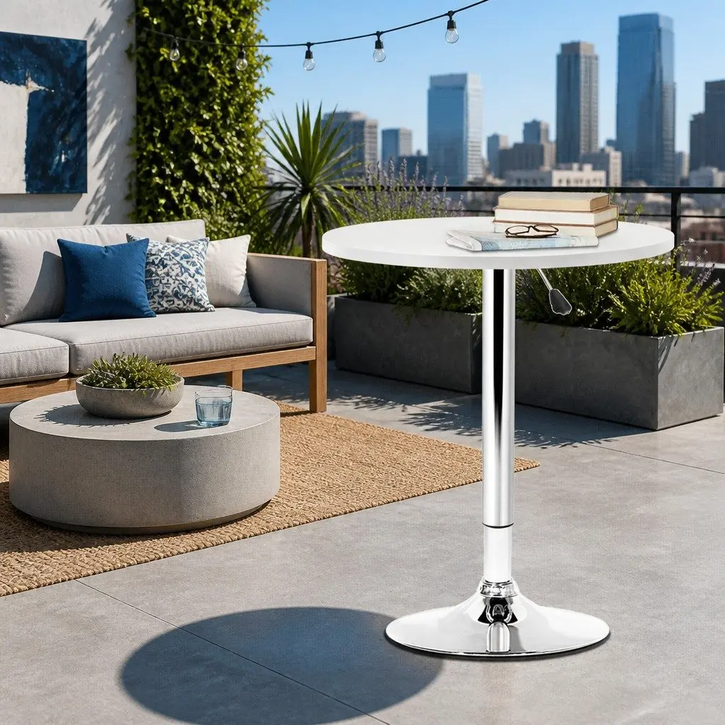Round Bar Table Gas Lift Height Adjustable White Dining