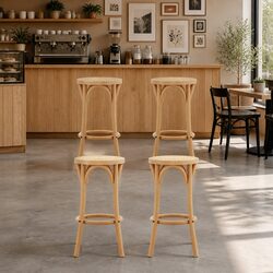 4 Bar Stools with Rattan Seats and Beech Wood Frame