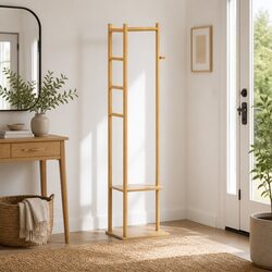 Clothes Rack Airer Coat Stand with Hanging Rail Storage Shelf Side Hook Bamboo
