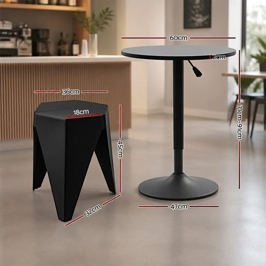 Bar Stools and Table Set Height Adjustable 3 Piece Black