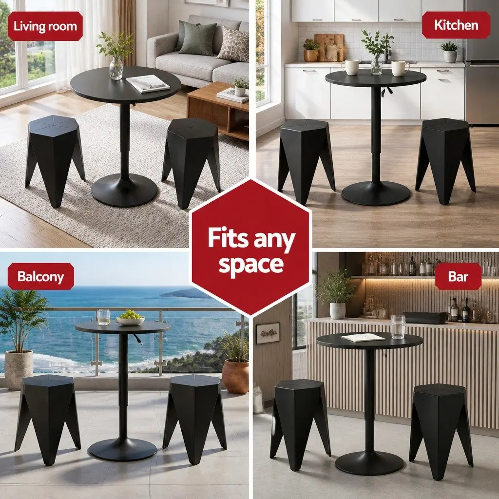 Bar Stools and Table Set Height Adjustable 3 Piece Black