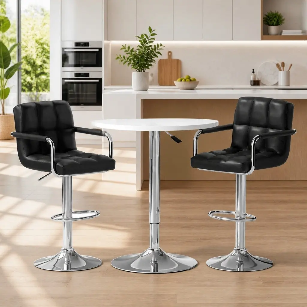 Bar Table and Stools Set Adjustable Swivel 2 Piece Black and White