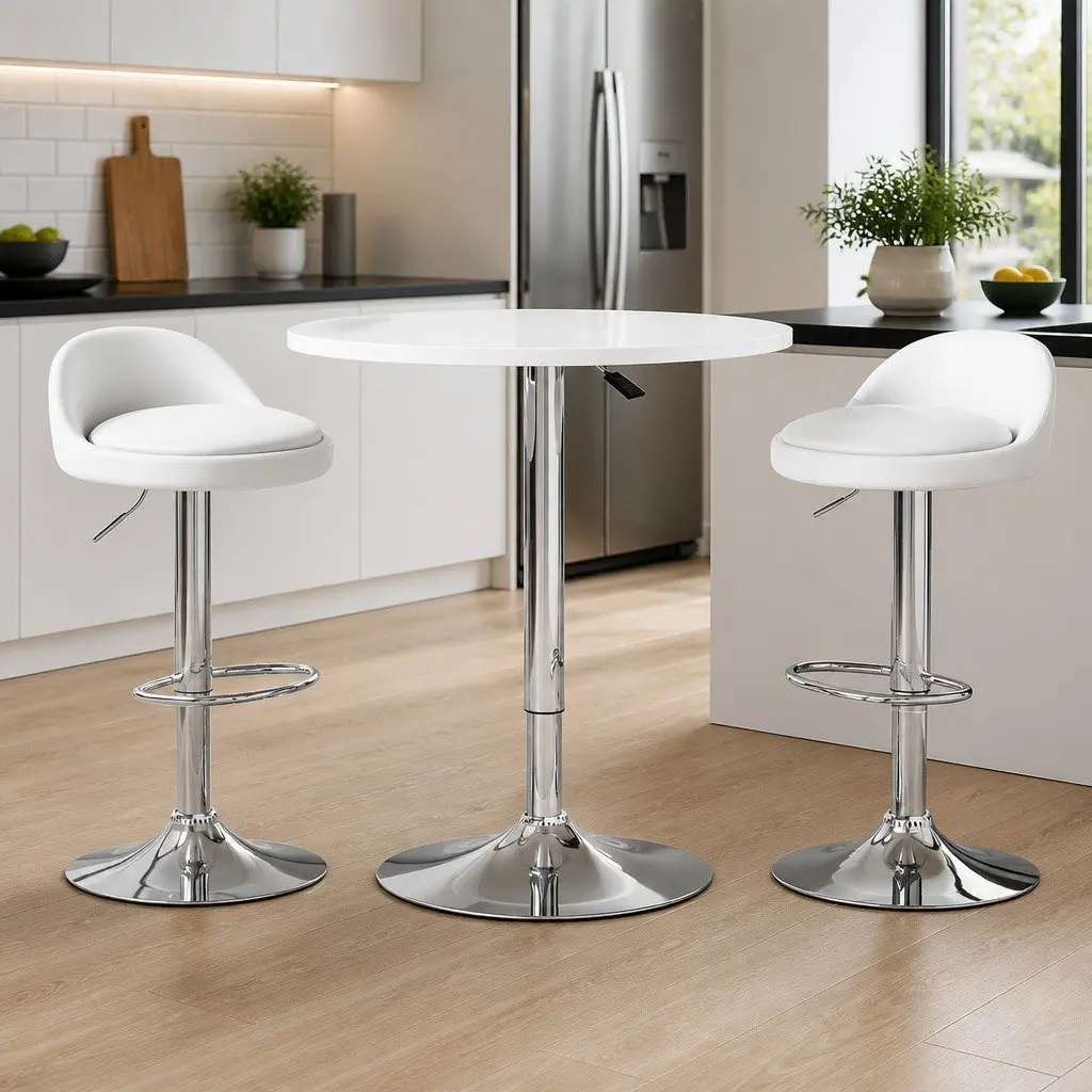 Bar Table and Stools Set Height Adjustable 2 Piece White Contemporary