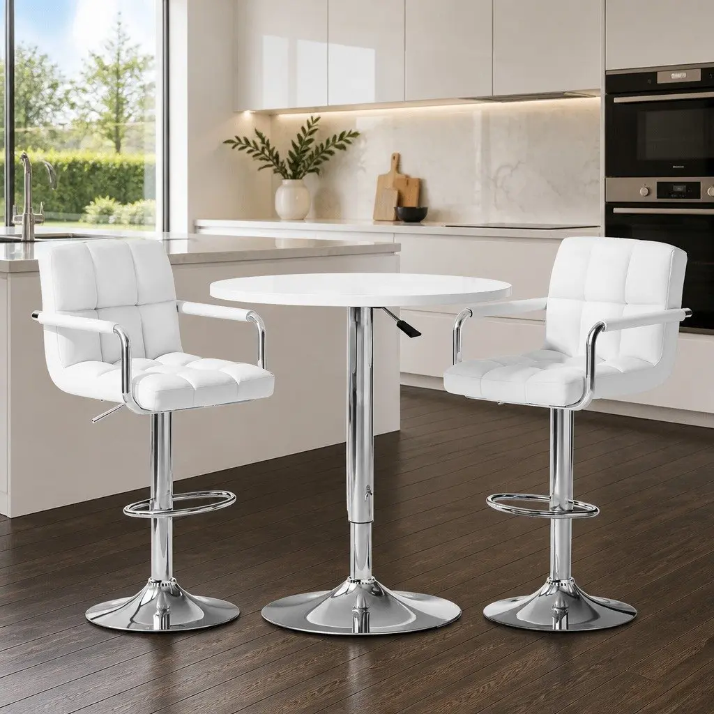 Bar Table and Stools Set Height Adjustable Swivel White 60cm