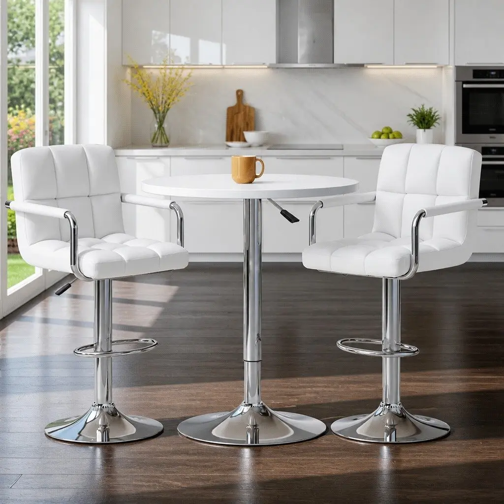 Bar Table and Stools Set Height Adjustable Swivel White 60cm