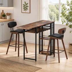Bar Table and Stools Set 3PCS with Wine Rack