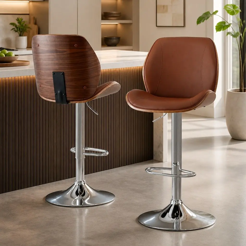 Bar Stools Set of 2 Bentwood Adjustable Kitchen Counter Chairs Brown PU Leather