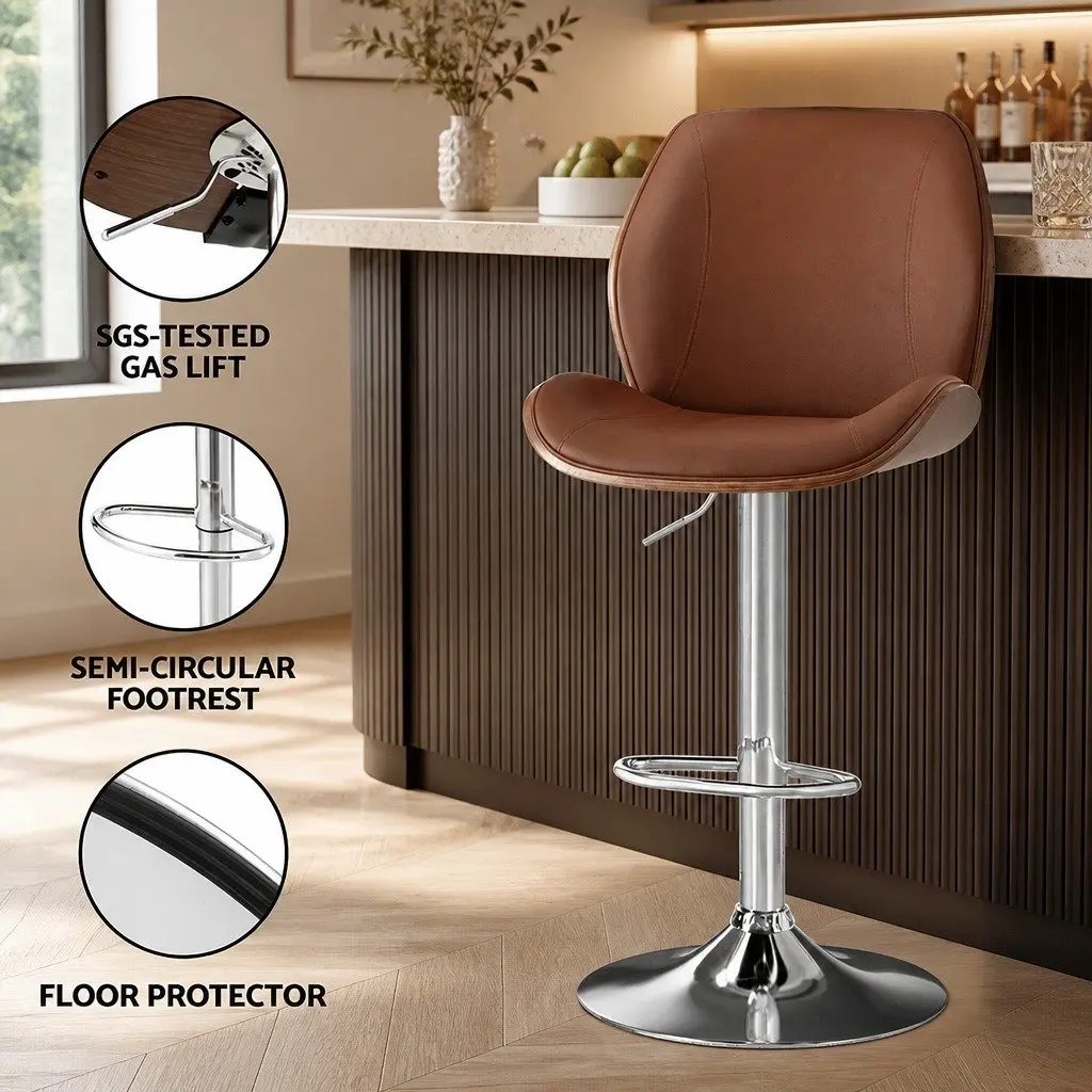 Bar Stools Set of 2 Bentwood Adjustable Kitchen Counter Chairs Brown PU Leather