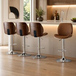 Set of 4 Adjustable Bar Stools with Bentwood Backrest