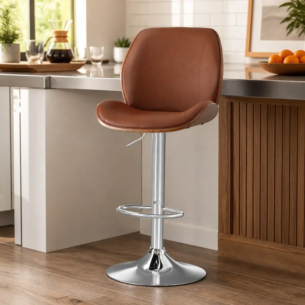 Bar Stool Adjustable Height Brown Leather Bentwood Backrest