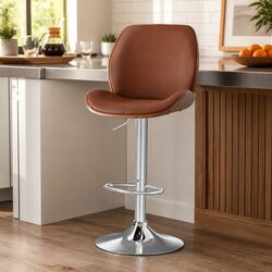 Adjustable Bentwood Bar Stool with Brown PU Leather