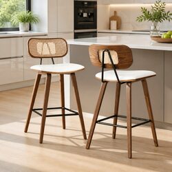 Set of 2 Bar Stools for Kitchen with Rattan and PU Leather